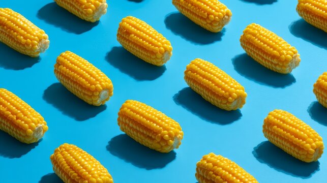58.Repeating pattern of plastic corn arranged on bright blue background, artificial texture and glossy surface, conceptual food design exploring modern diet culture