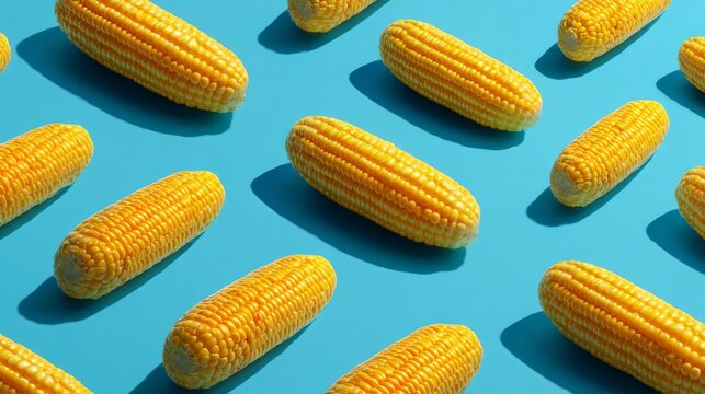 58.Repeating pattern of plastic corn arranged on bright blue background, artificial texture and glossy surface, conceptual food design exploring modern diet culture