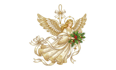 Obraz premium Floating Christmas Angel Illustration with Festive Holly and Bell