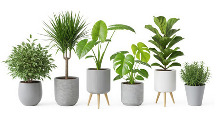 Fototapeta premium An appealing arrangement of diverse green potted houseplants displayed in various modern and stylish containers for interior design and decor.
