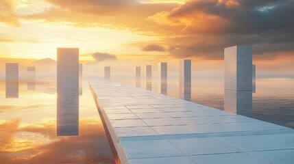 Obraz premium tiled walkway over mirror-like water flanked by tall rectangular pillars, misty horizon and golden sunrise clouds, serene dreamlike atmosphere