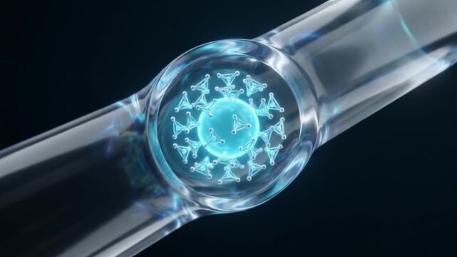 黒背景で水分子がイオンの周囲に整列し水和殻を形成するミクロ3DCG映像
