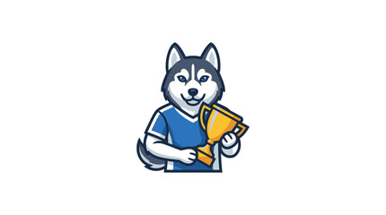 Athletic husky dog mascot holding a gold trophy. © CethakCethik