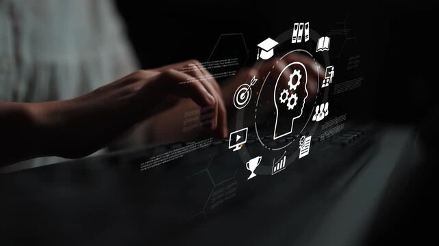 Digital concept of knowledge management with human head silhouette and various symbols representing education, technology, and data analysis in a dark background Gluon.