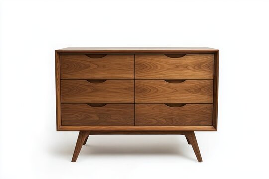 six-drawer mid-century style wooden dresser with tapered splayed legs and warm walnut grain, minimalist studio product shot conveying calm elegant home comfort