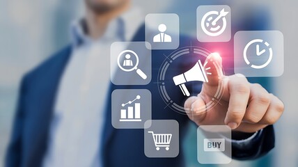 Obraz premium Businessman interacting with digital interface icons on screen display