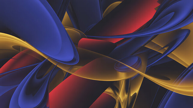 Curving abstract shapes in red gold and blue a vibrant 3d digital rendering curves artwork form design fluid