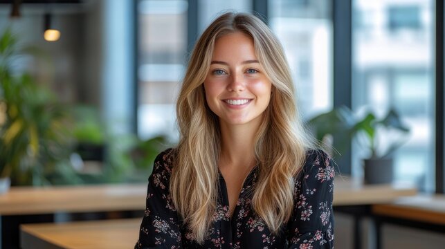 Seated woman with long blonde hair wearing a dark floral blouse in a bright modern office with plants and large windows, calm and confident portrait with anonymized blurred face