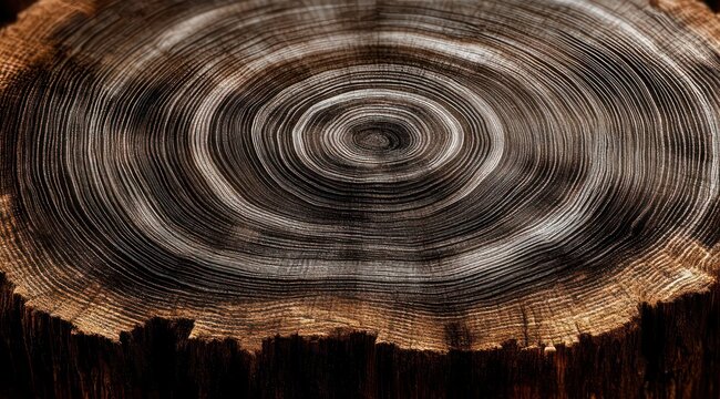 Close-up of a tree stump cross-section showing concentric growth rings, radial cracks and textured bark in warm brown tones, evoking age and timelessness