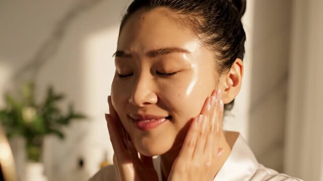 Woman massaging temples for headache relief at home.