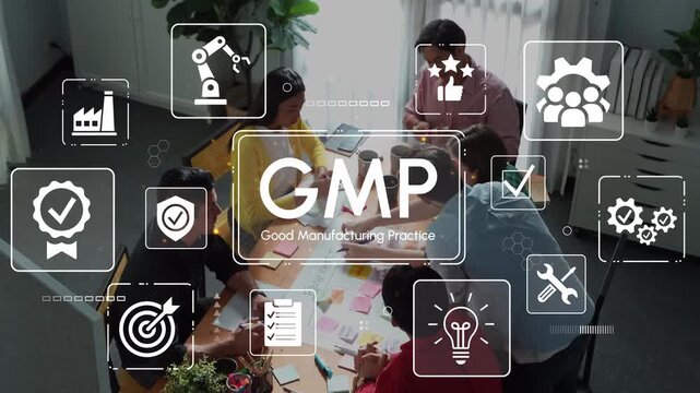 Professional Team Collaboration on Good Manufacturing Practices with Visual Icons Representing Quality, Efficiency, and Improvement Strategies in a Modern Office Space. Entropy.
