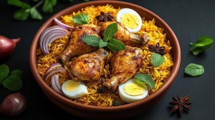 Fototapeta premium roasted chicken drumsticks on saffron yellow spiced rice with halved boiled eggs, red onion slices, star anise and fresh mint in a rustic bowl, warm and appetizing