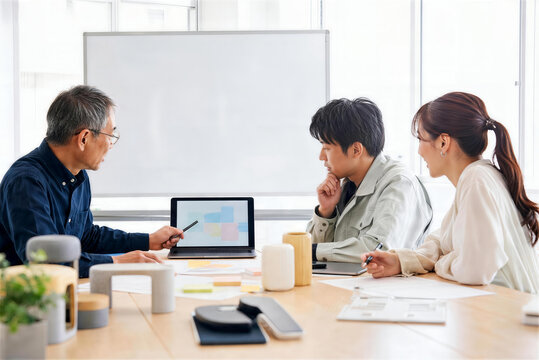生成AIで商品企画を話し合う日本人ビジネスチーム