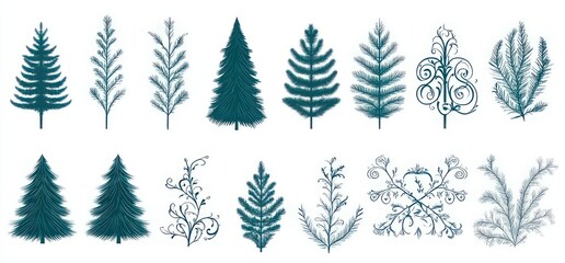 Obraz premium array of teal stylized evergreen tree silhouettes and ornamental botanical flourishes on white background conveying a calm, festive mood