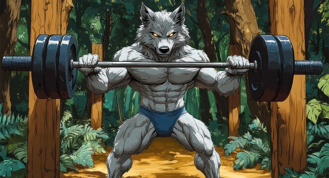 Muscular anthropomorphic wolf in blue briefs lifting a heavy barbell on a forest path, fierce determined expression