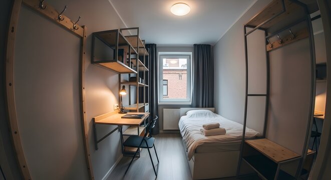 A cozy hostel room with bunk beds, desk, and window overlooking buildings outside