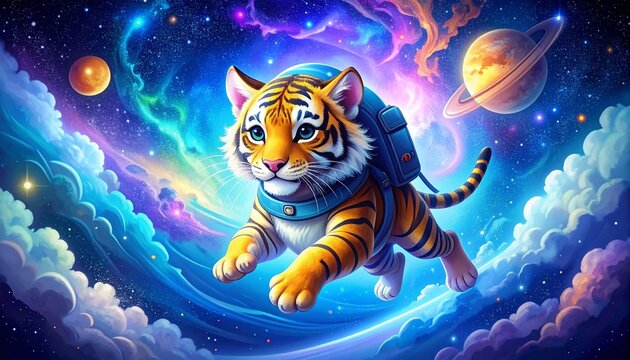 Tiger Cub Astronaut Drifting Through Cosmic Nebula. Majestic tiger cub in a glowing space helmet floating through a vibrant galaxy filled with stardust and light. cute