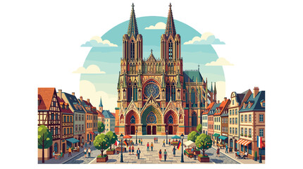 Gothic Cathedral Square with People and Buildings, European City Landmark © nongko