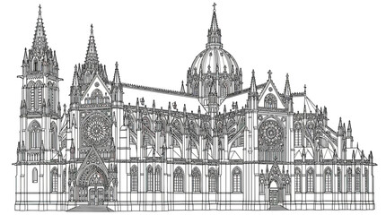 Fototapeta premium Gothic Cathedral Architectural Drawing, Detailed Facade Sketch, European Landmark Design