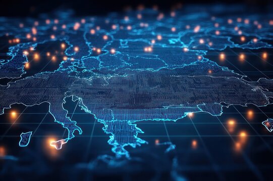 glowing digital map of europe showing neon blue country outlines, orange connection nodes, grid and data points conveying futuristic network connectivity and technological energy