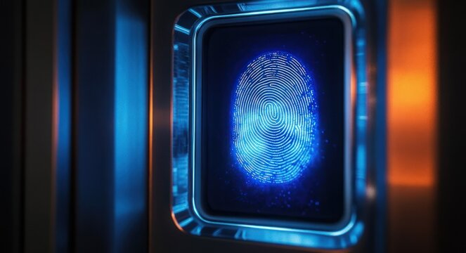 Glowing blue fingerprint on a biometric scanner set in a metallic frame with blue and orange ambient lighting, conveying futuristic secure access