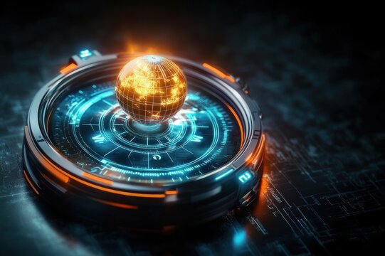 glowing holographic globe hovering above a circular metallic interface ring with blue and orange neon readouts, digital circuitry background, futuristic awe and precision