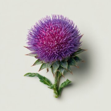 Vibrant purple thistle flower head with green stem isolated on light background