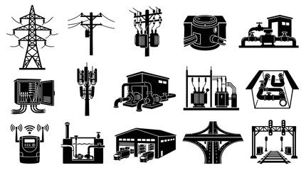 Obraz premium Black White Glyph Icons: Power Grid, Telecom, Water, Transport Infrastructure