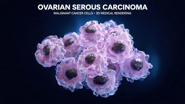 3D Medical Rendering of Ovarian Serous Carcinoma Malignant Cancer Cells, Translucent Pale Purple Tumor Cell Mass with Distorted Cell Membranes, Dark Soft Blue Scientific Background Gynecologic Oncolog