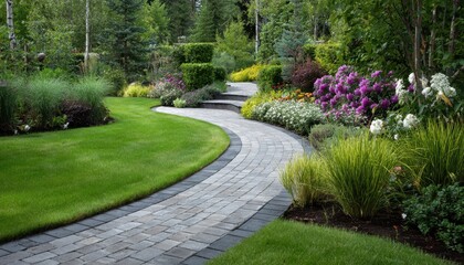 Fototapeta premium Curvilinear grey stone pathway winding through a lush landscaped garden with colorful flower beds and manicured lawn