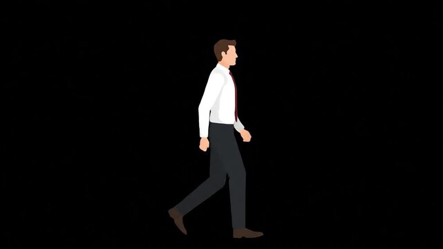 Man in white shirt walking against black background.
