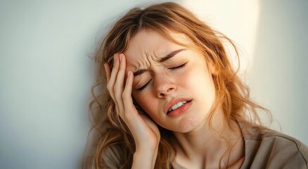 Fototapeta premium woman with tousled red hair resting face in hand against pale wall in soft sunlight, pensive and introspective mood