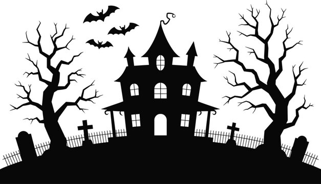 Spooky silhouette haunted mansion with bare trees and bats during Halloween night conceptual