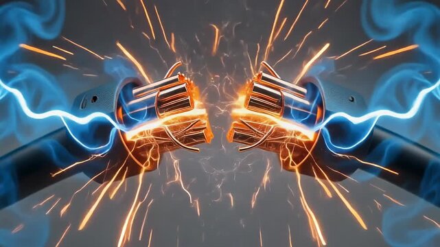 Electricity sparks flying around two metal objects.