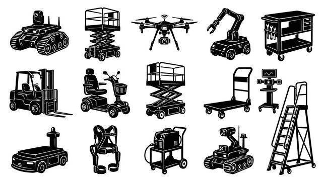 Industrial Automation  Logistics Technology Icons. Robotics, Drones, Forklifts, Scissor Lifts Glyph Set.