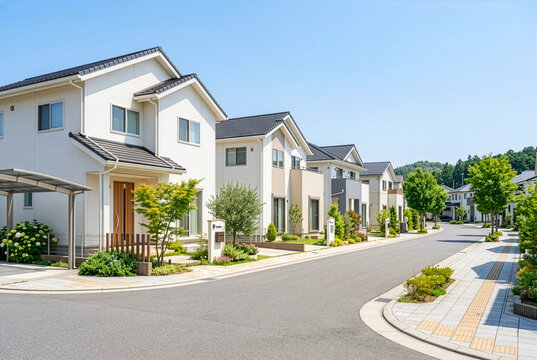 青空の下に広がる日本の新築戸建て住宅街・分譲住宅地の街並みと整備された街路風景