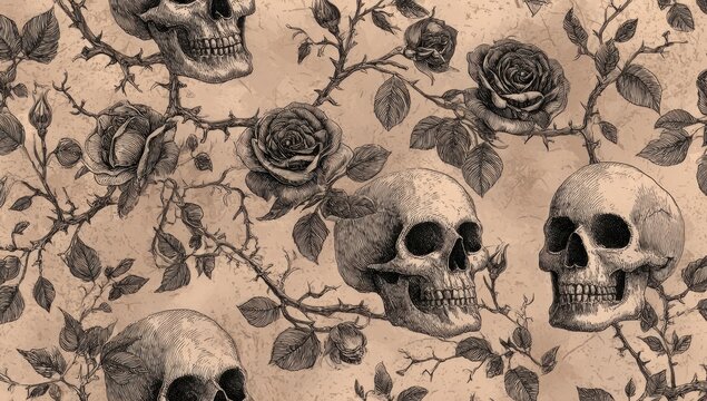 Dark gothic seamless pattern featuring skull and rose on aged parchment texture