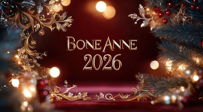luxurious festive scene with gold ornate decorations, evergreen pine branches, red baubles and berries, warm bokeh lights and gold lettering reading 'bone anne 2025', elegant celebratory mood