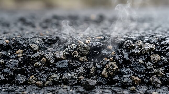 Fresh hot asphalt steaming during road construction
