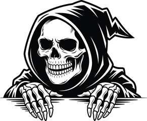 Fototapeta premium Grim Reaper with Skeleton Hands Peeking Over Blank Space for Text During Halloween