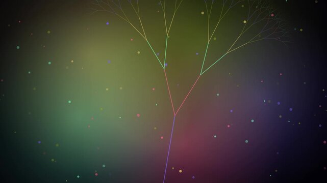 Abstract fractal tree growth animation with floating particles and glowing network connections