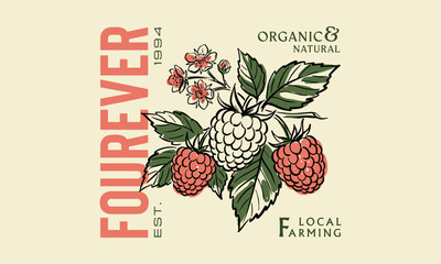 Retro organic raspberry farm graphic with hand drawn berries and flowers for apparel design © Irfan