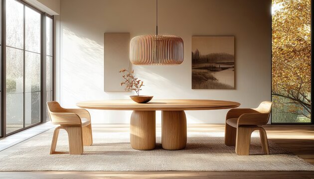 Minimal sunlit dining room with round wooden table, two curved wood chairs, slatted pendant lamp, vase with dried branches, neutral rug and autumn window view, calm cozy atmosphere