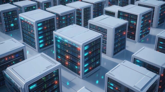 rows of illuminated cubical server units with glowing blue and red status lights in a clean futuristic data center, orderly and high-tech atmosphere