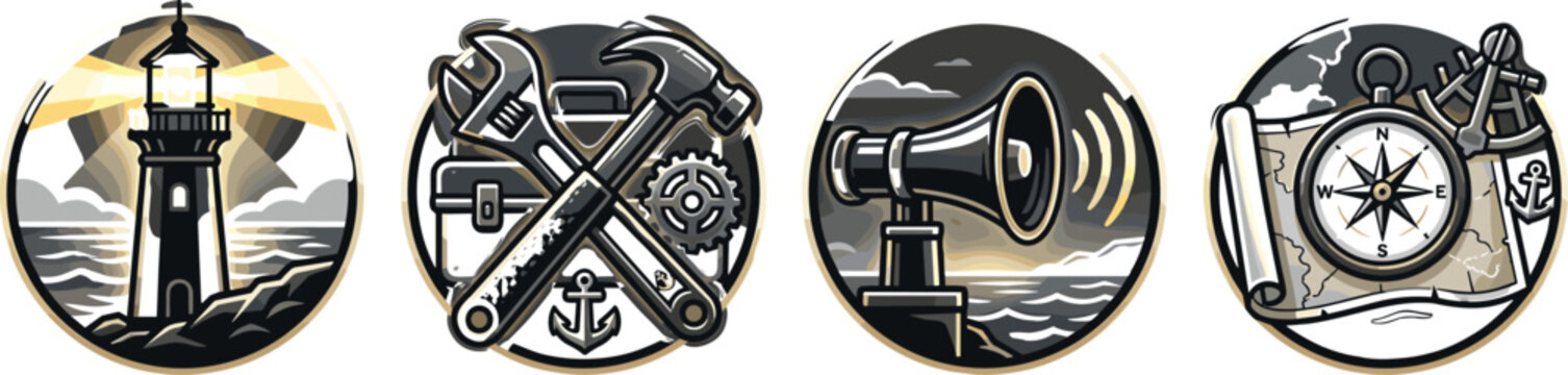 Vintage Maritime and Industrial Round Icon Set with Lighthouse Construction Tools Foghorn and Navigation Compass Symbols