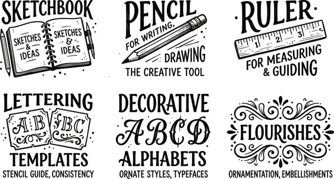 Vintage Hand Lettering and Calligraphy Typography Set with Graphic Design Tools Sketchbook Pencil Ruler and Decorative Elements
