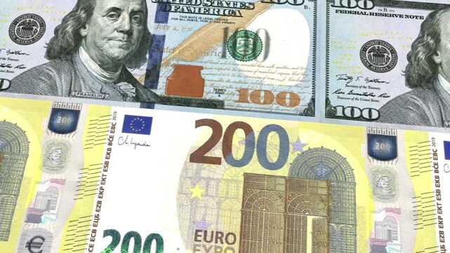 US Dollar to Euro 200 Banknotes Exchange Money Loop Background Finance Currency Animation