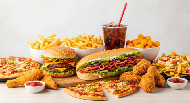 Assorted fast food items including pizza, burgers, fries, chicken, and a cold drink, arranged on a table with a variety of snacks and condiments.