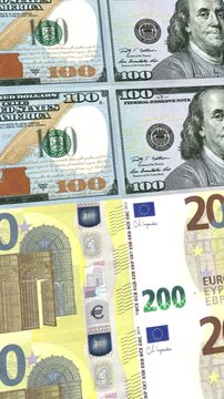 Vertical Dollar to Euro 200 Banknotes Exchange Money Loop Background Finance Animation