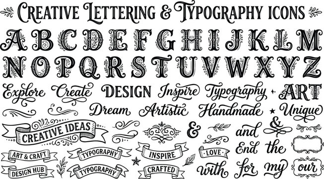 Creative Hand Lettering and Typography Vintage Alphabet Set with Ornate Fonts Ribbons and Decorative Graphic Symbols